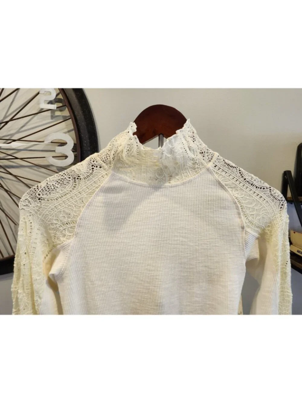 NWT~Free People~FREDDIE~Mock Neck~Long Sleeve~Shirt~Lace Panels~Painted White~SM
